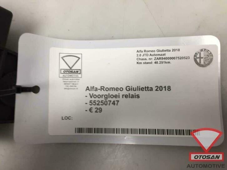 alfa romeo giulietta 2018 voorgloei relais 55250747, Gebruikt, Dpofca@stellantis.com, Stellantis Europe S.p.A., Ophalen of Verzenden
