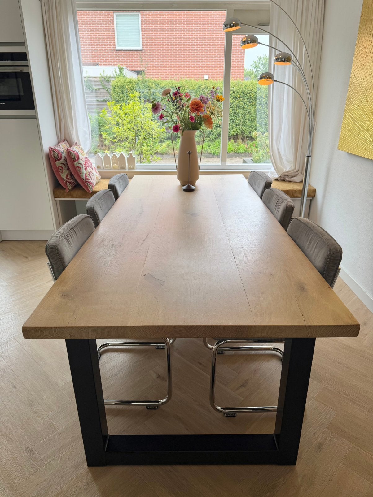 Massief eiken eettafel ZGAN 240x100 met stalen onderstel, Ophalen, 200 cm of meer, 50 tot 100 cm, Zo goed als nieuw