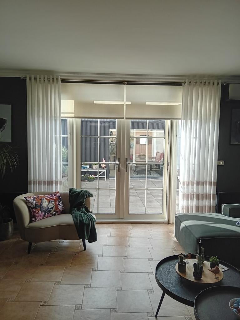 Inbetween gordijnen met ringen inclusief rvs stang, Huis en Inrichting, Ophalen, Zo goed als nieuw, 200 cm of meer, 200 cm of meer