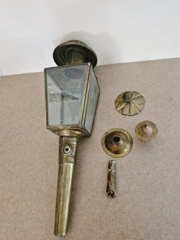 Oude koetslamp,gegraveerd glas, messing,opknapper, Antiek en Kunst, Ophalen of Verzenden