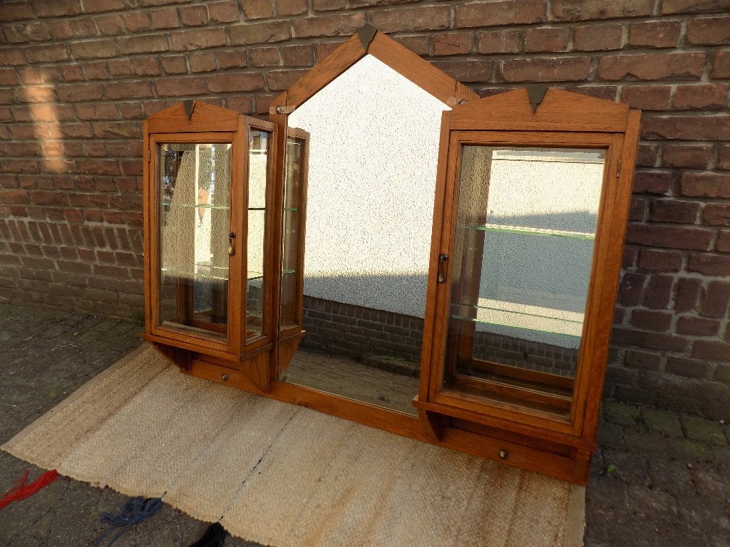 Amsterdamse school art deco vitrinekast hangend spiegelglas, Ophalen, Gebruikt, Hout