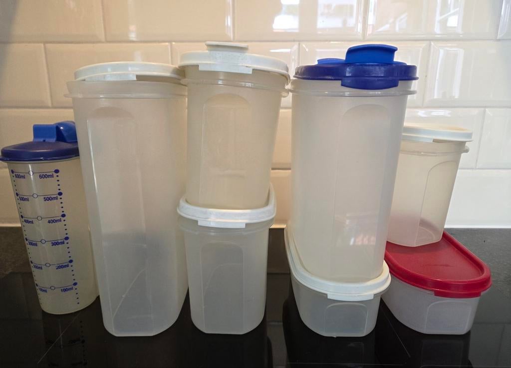 7 Tupperware Ruimte Spaarders - Diverse Maten, Ophalen of Verzenden, Gebruikt, Blauw, Bus of Trommel