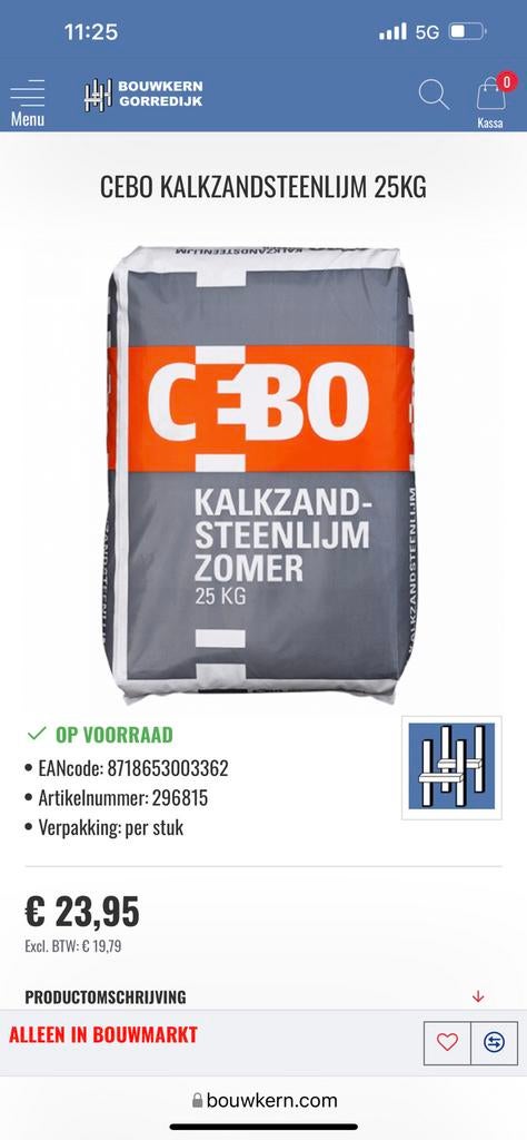 CEBO Kalkzandsteen lijm Winter 25 KG 50% KORTING!, Doe-het-zelf en Verbouw, Metselstenen, Ophalen of Verzenden, Zo goed als nieuw