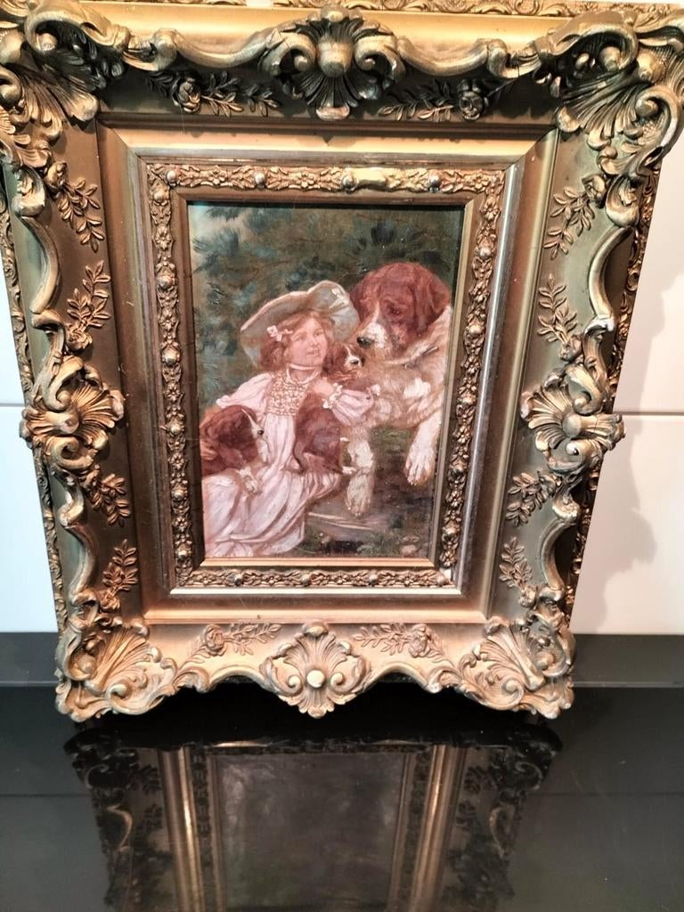 Oude schilderijlijst met meisje en honden, Antiek en Kunst, Kunst | Schilderijen | Klassiek, Ophalen of Verzenden