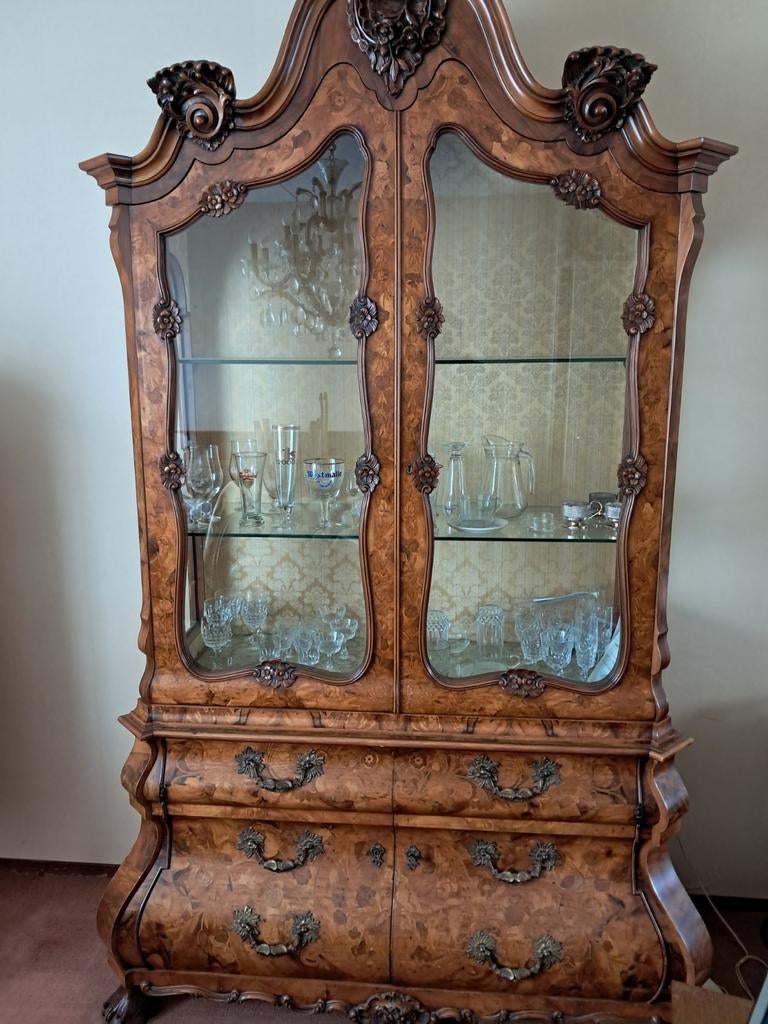 Dutch Marquetry Bookcase Cabinet Bombe Inlay, Ophalen of Verzenden