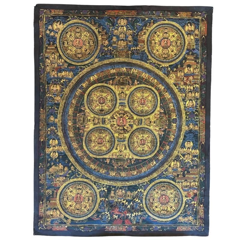 Grote handgeschilderde boeddhistische mandala thangka, Huis en Inrichting, Ophalen of Verzenden, Gebruikt
