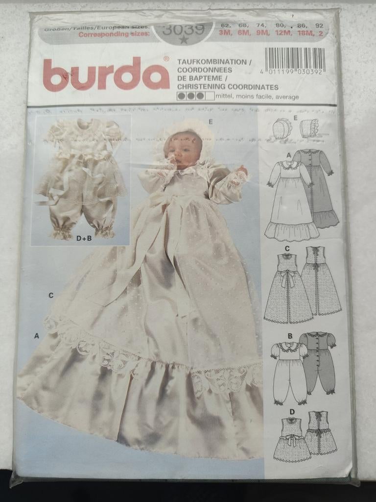 Burda Baby patroon Doopkleding maat 62/92  no 3039 nieuw, Ophalen of Verzenden, Nieuw, Kind, Burda