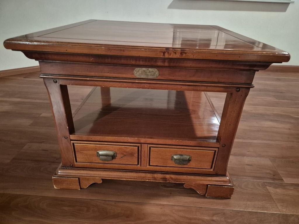 Grote bijzettafel wortelnotenhout met lades en onderblad, Huis en Inrichting, Gebruikt, 50 tot 100 cm, 50 tot 75 cm, Vierkant