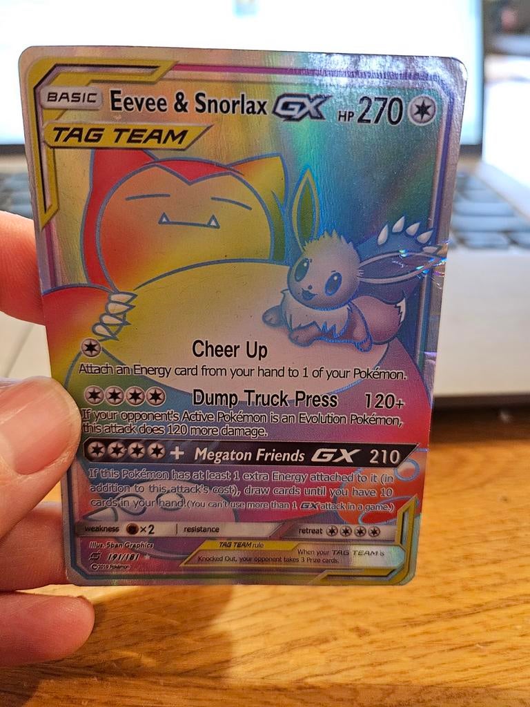 Eevee & Snorlax GX Rainbow Tag Team Pokemon kaart, Ophalen of Verzenden, Gebruikt, Losse kaart, Foil