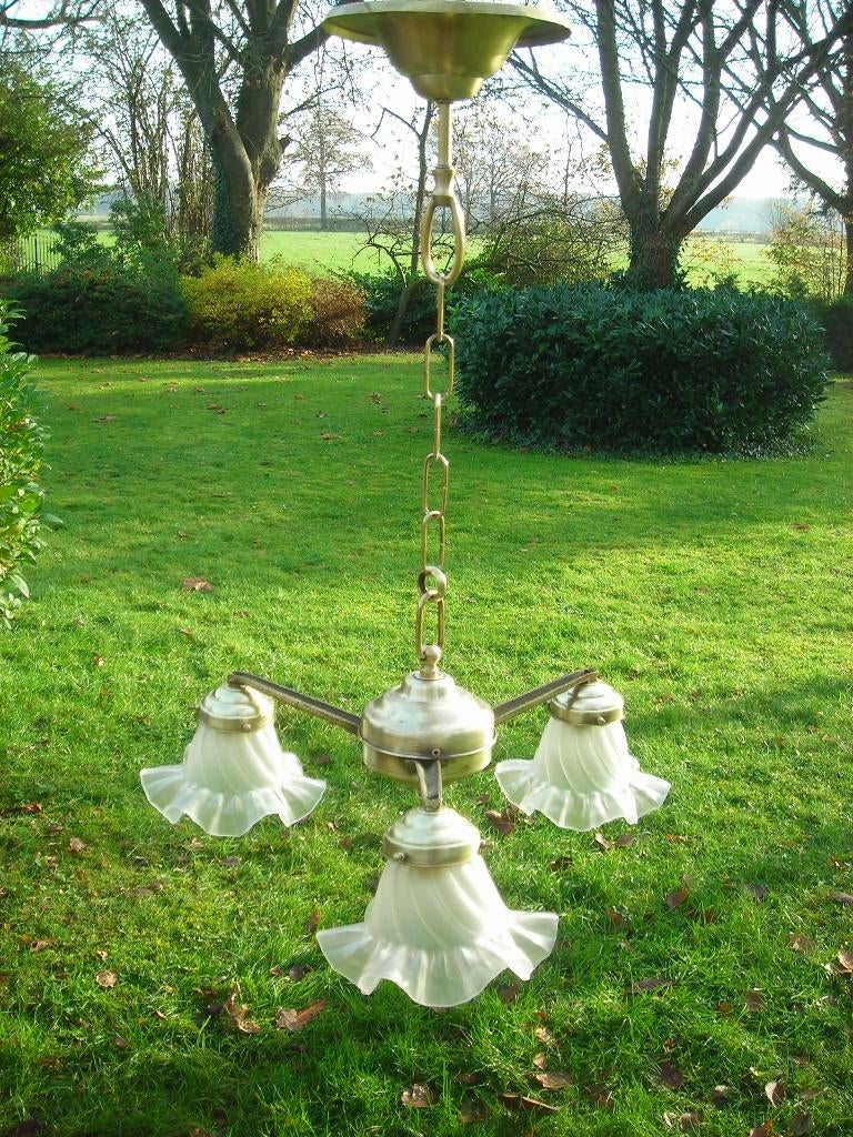Antieke hanglamp met 3 kapjes, Antiek en Kunst, Ophalen of Verzenden