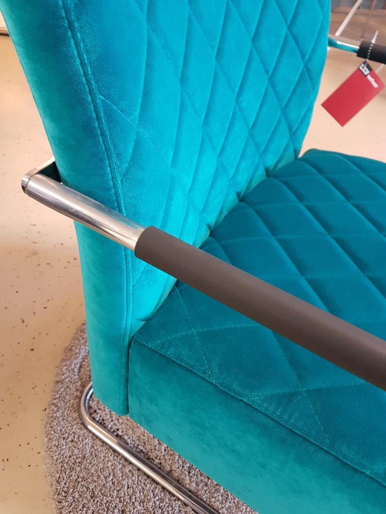 Fauteuil , slede frame , bekleding blauw, Huis en Inrichting, Fauteuils, Ophalen, Gebruikt, 75 tot 100 cm, Stof
