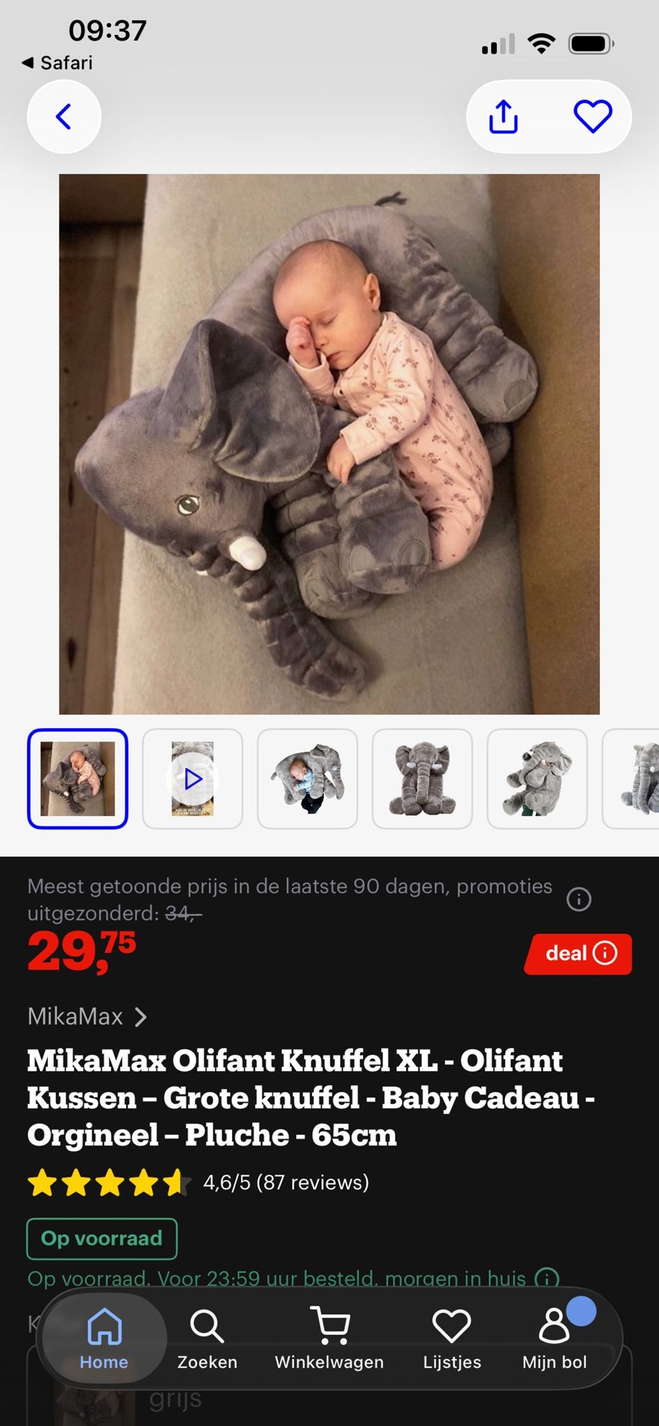Mikamax Olifant Knuffel XL - Olifant Kussen - Baby Cadeau, Ophalen, Overige merken, Overige karakters, Grijs