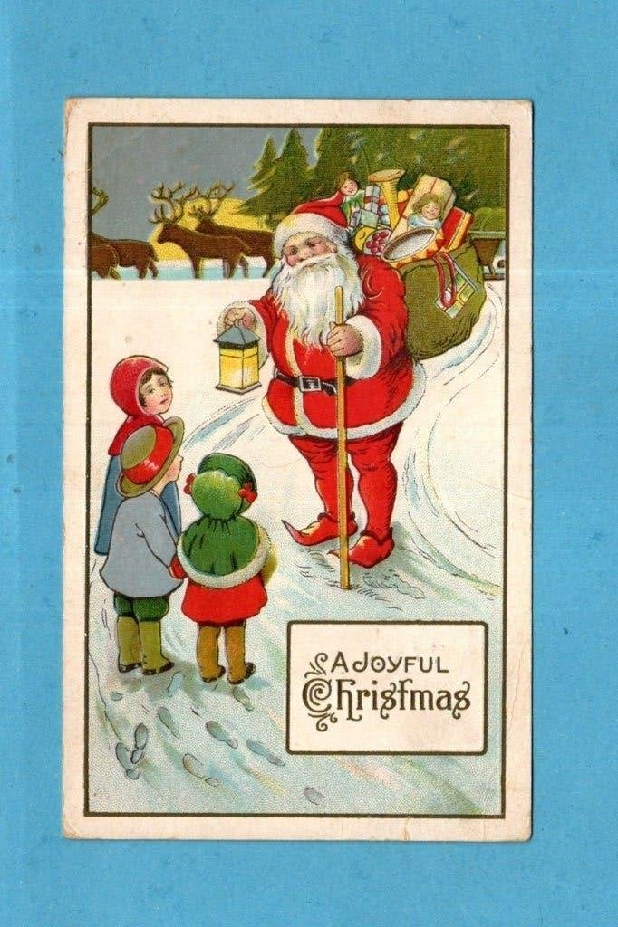 Mooie oude kerstkaart M573 - Santa/kado's/lantaarn/kinderen, Verzenden, Voor 1920, Gelopen, Kinderen