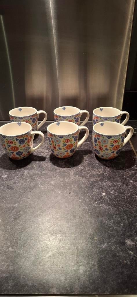 6 mokken Kakelbont yvon gebloemd voor koffie/melk thee, Ophalen of Verzenden