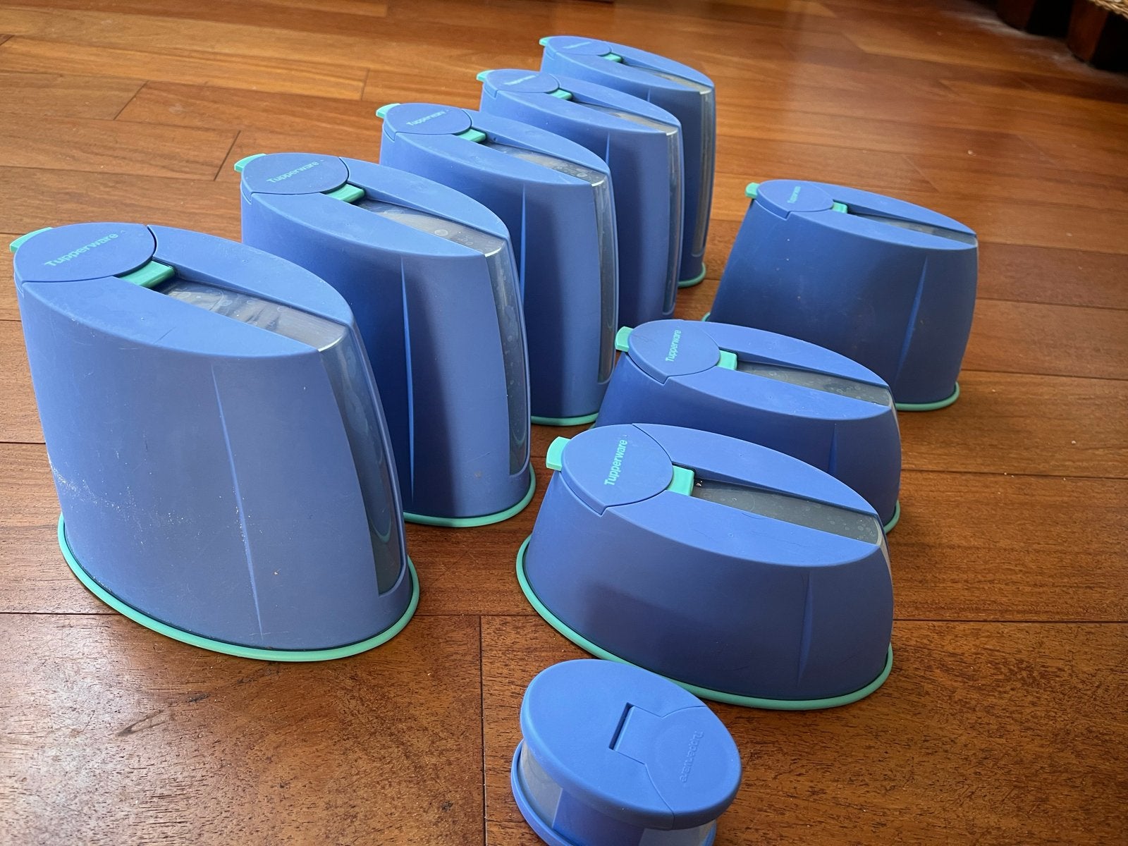 Tupperware bewaardozen set, blauw/groen, diverse maten, Huis en Inrichting, Gebruikt, Blauw, Luchtdicht, Ophalen of Verzenden