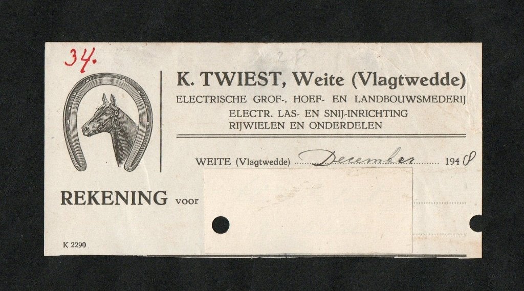 Brievenhoofd K. Twiest Weite Vlagtwedde Hoefsmit Smederij., Ophalen of Verzenden, Zo goed als nieuw