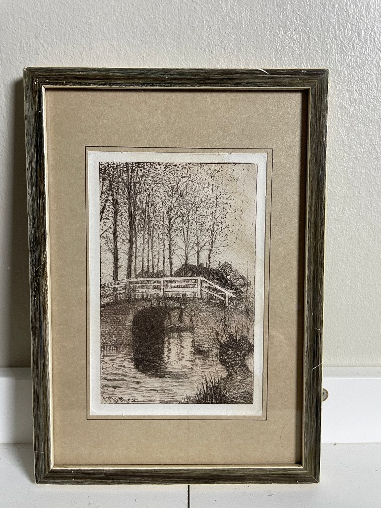 P. Matthes (1872-1956) - slootje met bruggetje - ets, Antiek en Kunst, 8 cm, Ingelijst, Ophalen of Verzenden, 12 cm