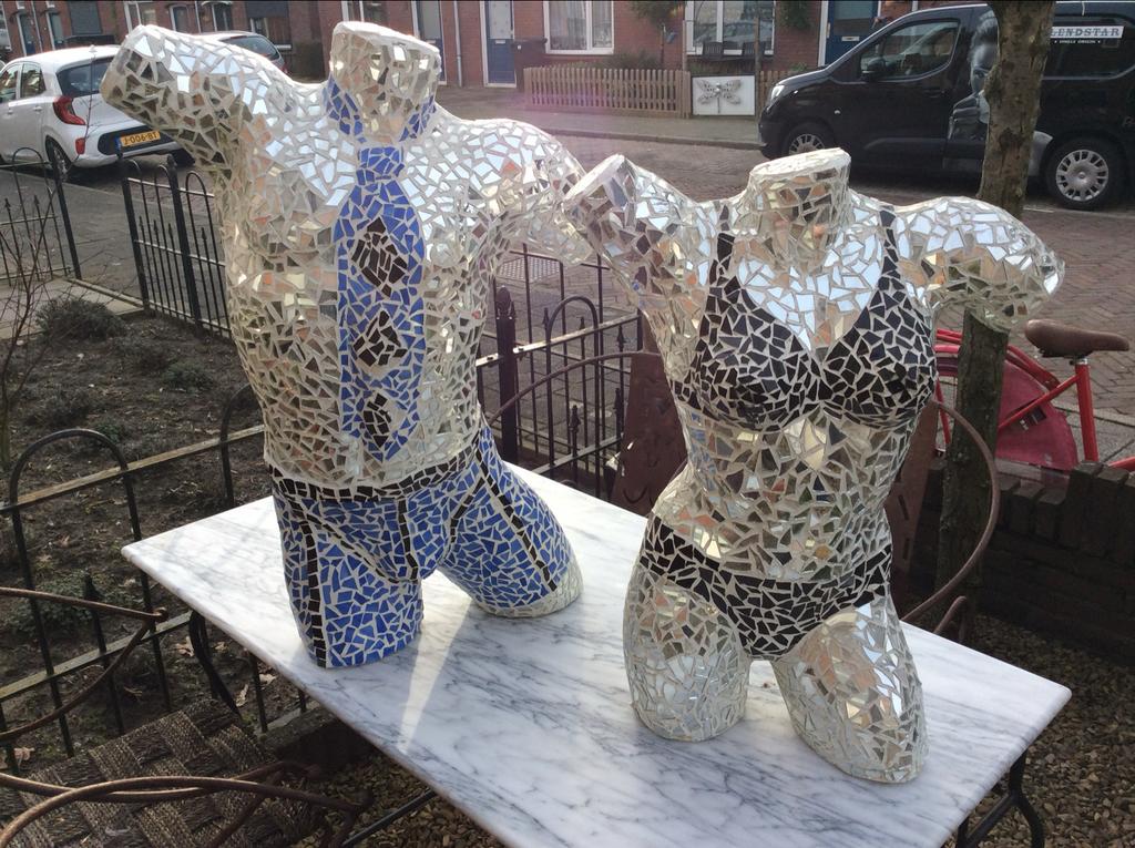 Uniek Spiegelmozaïek Buste Set - Man en Vrouw, Antiek en Kunst, Kunst | Beelden en Houtsnijwerken, Buste, Overige materialen, Man