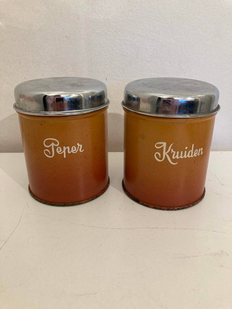 Vintage voorraadpotten Peper en Kruiden, Verzamelen, Blikken, Ophalen of Verzenden, Zo goed als nieuw