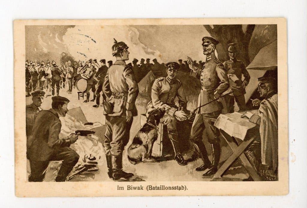 E38;WOI Propaganda Feldpostkaart - In Bivak (Bataillonsstab), Verzenden, Landmacht, Duitsland, Foto of Poster