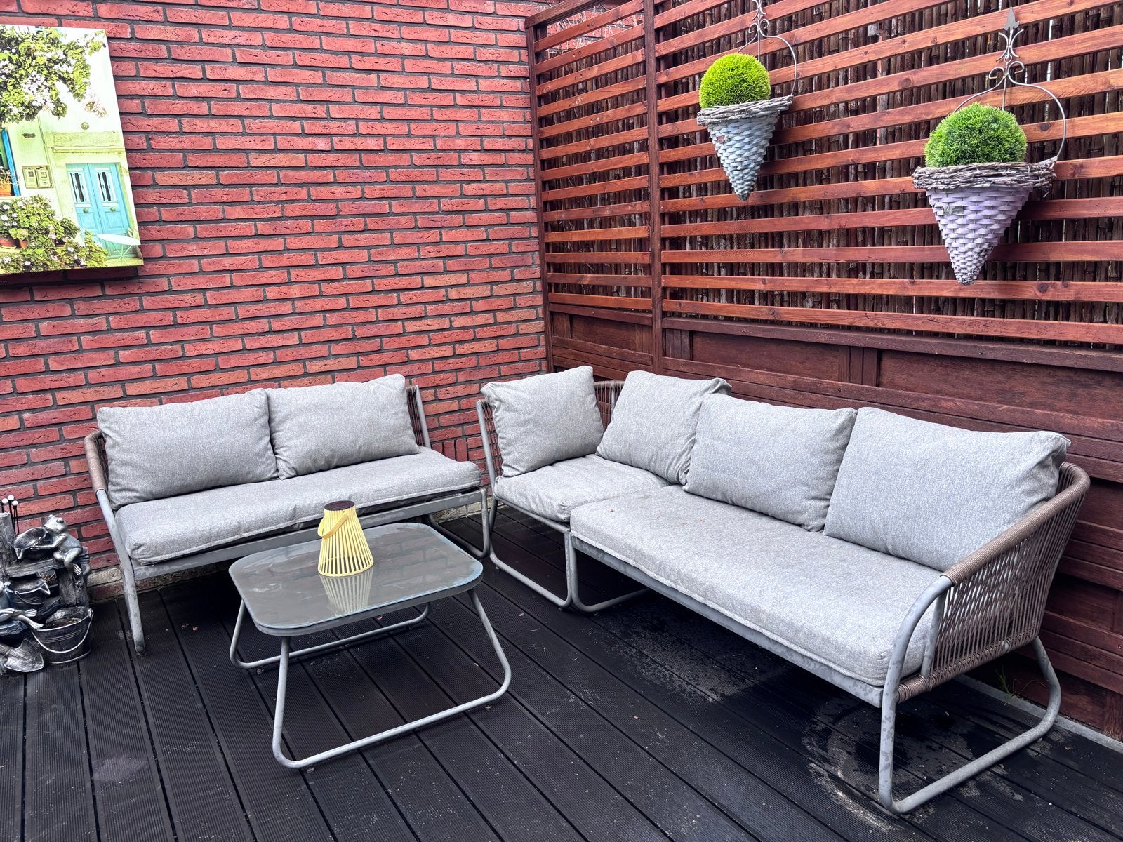 Comfortabele loungeset met glazen salontafel, Gebruikt, Ophalen of Verzenden, Loungeset, Bank