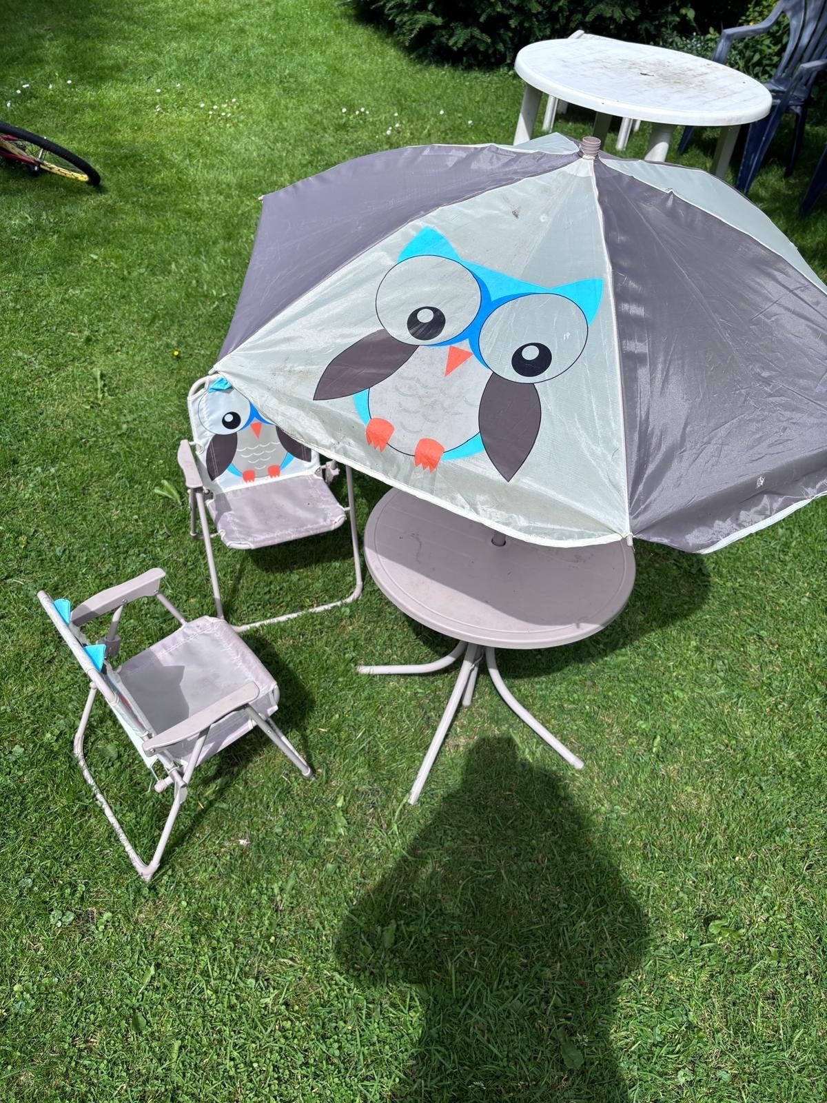 Kinder tuinset met uil parasol en stoeltjes, Kunststof, Gebruikt, Eettafel, Tuinset