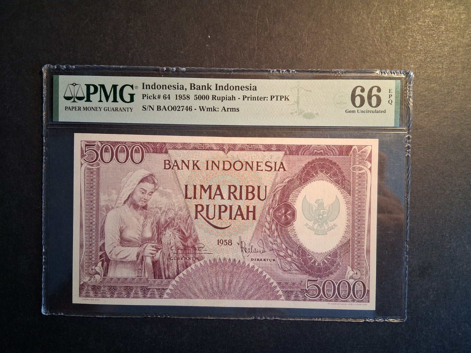 5000 rupiah Indonesië 1958 unc  PMG 66, Ophalen of Verzenden, Zuidoost-Azië, Los biljet