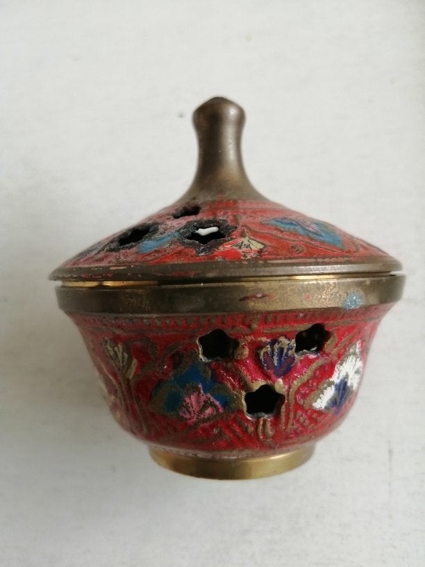 wierookbrander, messing brander met emaille motieven. , Antiek en Kunst, Antiek | Koper en Brons, Ophalen of Verzenden