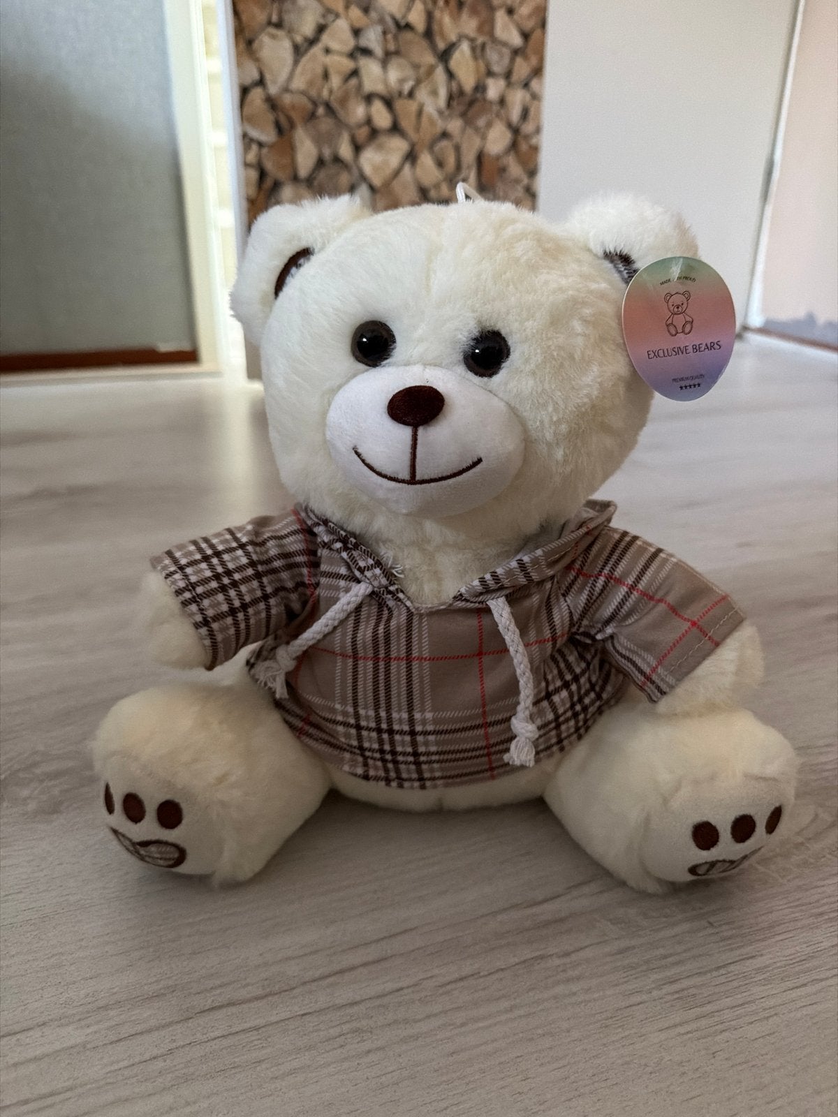 Nieuwe Witte Teddybeer met Geruite Hoodie - Exclusive Bears, Overige merken, Beer, Nieuw, Ophalen of Verzenden
