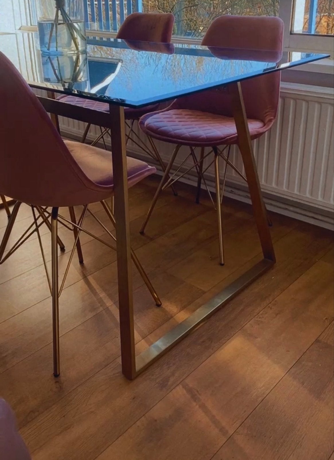 4 stoelen - Roze fluweel, Gebruikt, 100 tot 150 cm, Glas, Vier personen