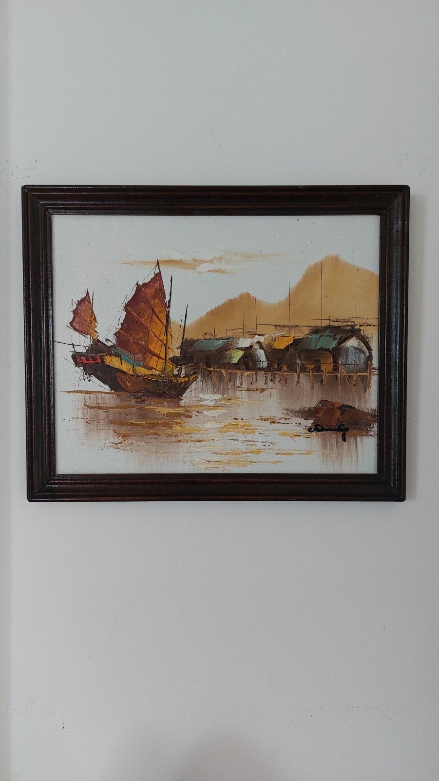 Olieverfschilderij: Aziatische vissersboot bij dorp, Ophalen of Verzenden