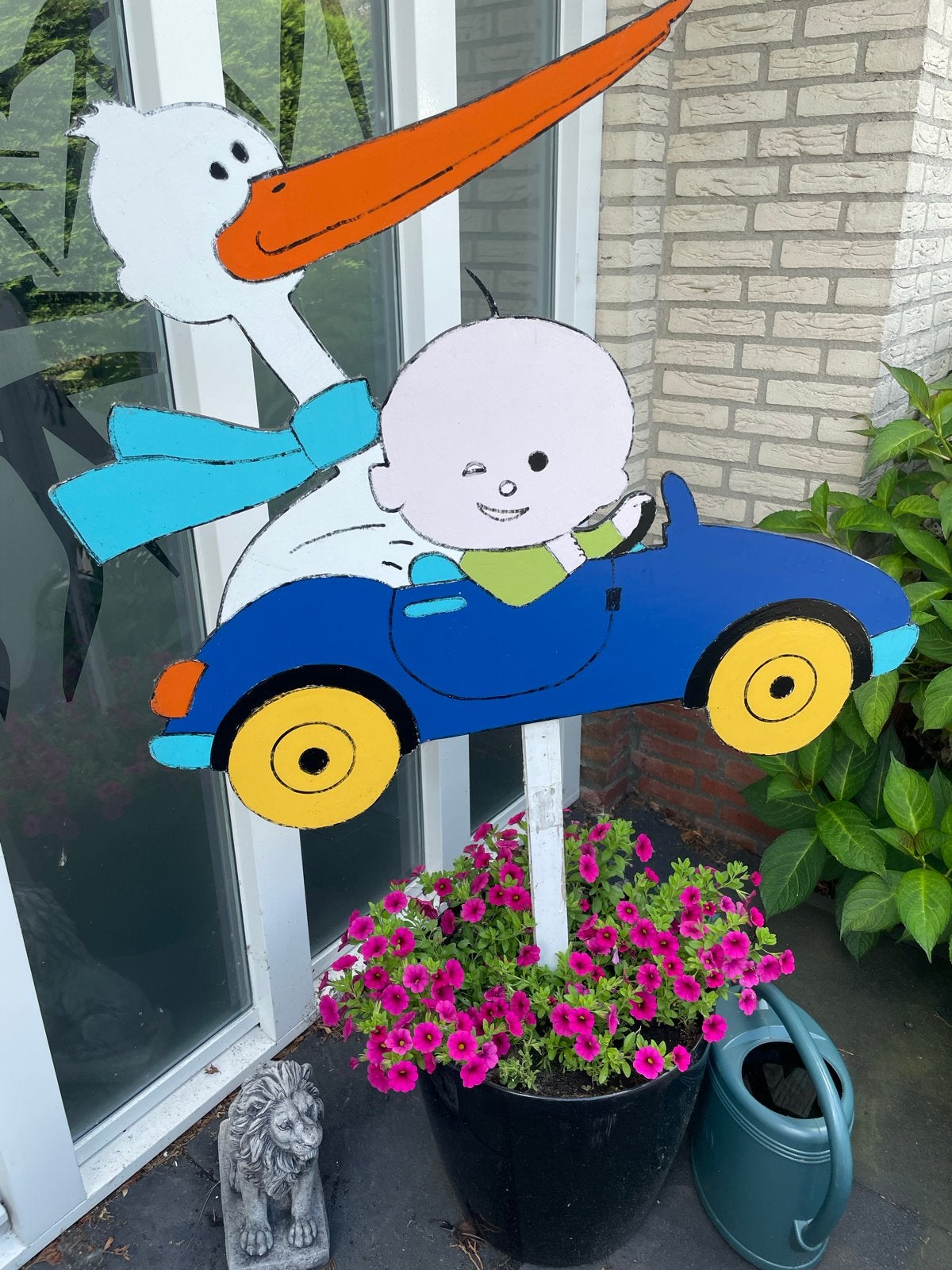 Geboortebord Ooievaar met Baby in Auto - Jongen, Kinderen en Baby's, Kraamcadeaus en Geboorteborden, Ophalen, Gebruikt, Geboortebord