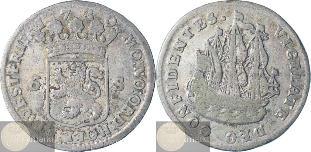 Holland & West-Frisia Scheepjesschelling 6Stuivers 1730/1729, Vóór koninkrijk, Zilver, Losse munt, Overige waardes