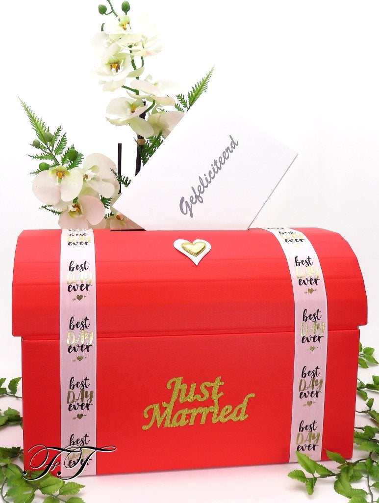Rode receptie enveloppendoos - "Just Married", Ophalen of Verzenden, Nieuw, Feestartikel, Geboorte of Huwelijk