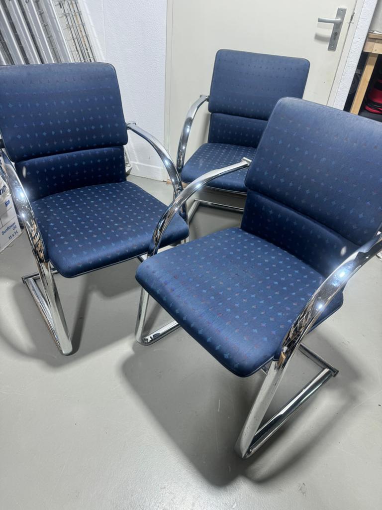 Set van 3 Martin Stoll bureaustoelen, blauw stof, chroom, Huis en Inrichting, Stoelen, Gebruikt, Drie, Blauw, Ophalen of Verzenden