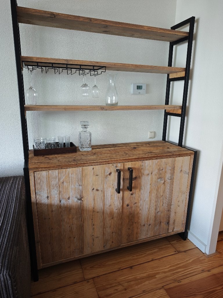 Steigerhout wandkast op stalen frame, 200 cm, demontabel, Gebruikt, 100 tot 150 cm, 200 cm of meer, Steigerhout