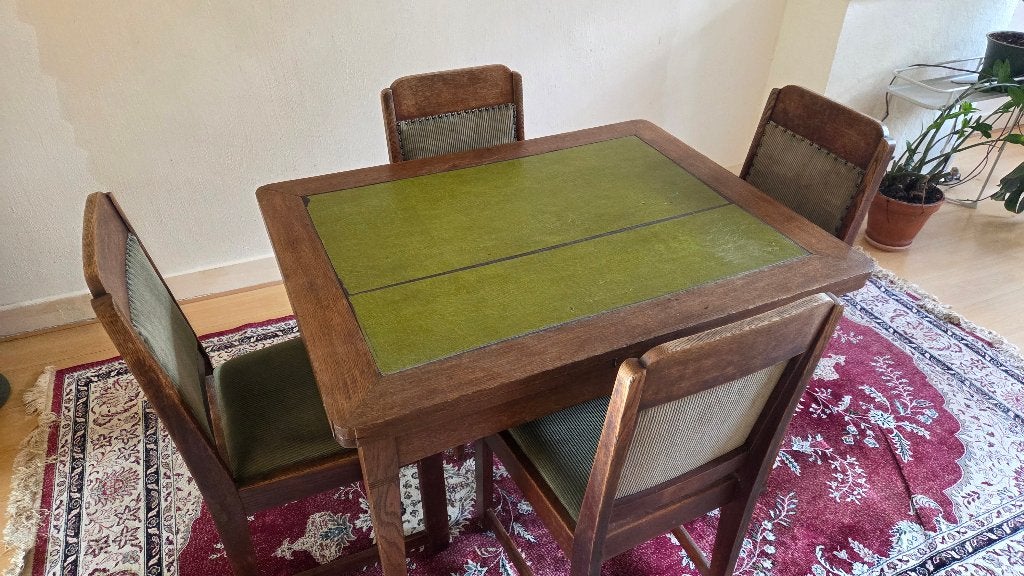 Jaren 30 eiken uitschuiftafel + 4 stoelen | Haagse School, Ophalen, Gebruikt, Eikenhout, 50 tot 100 cm