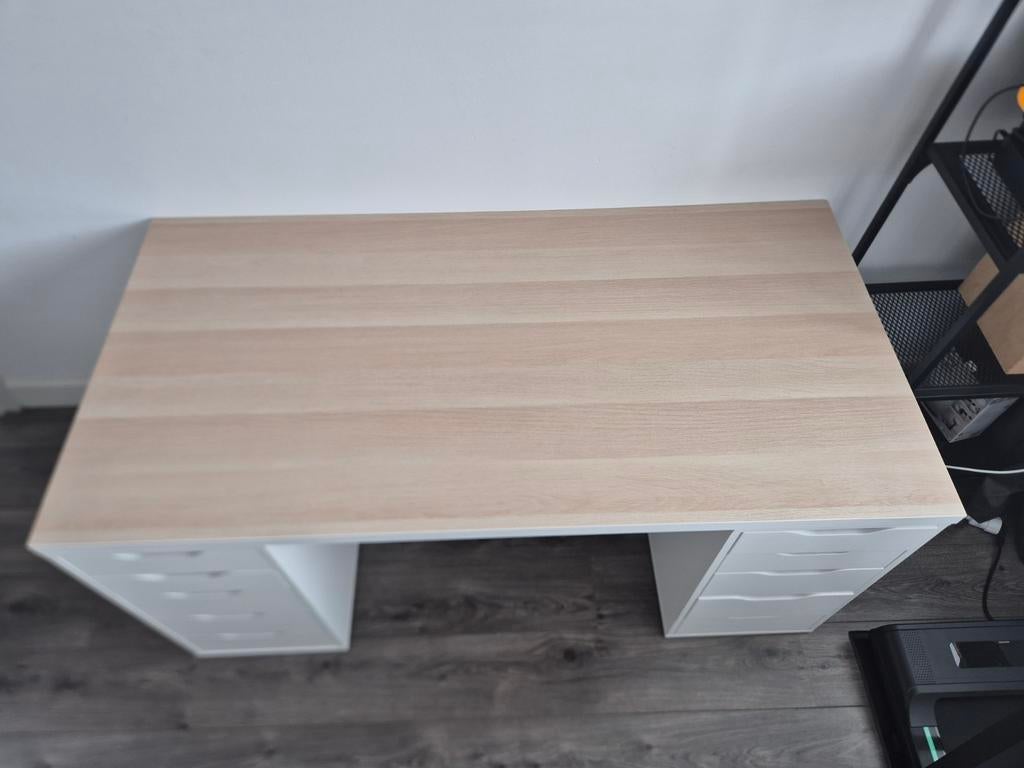 Ikea Bureau met Alex ladekasten - Wit/Licht houtkleur, Ophalen