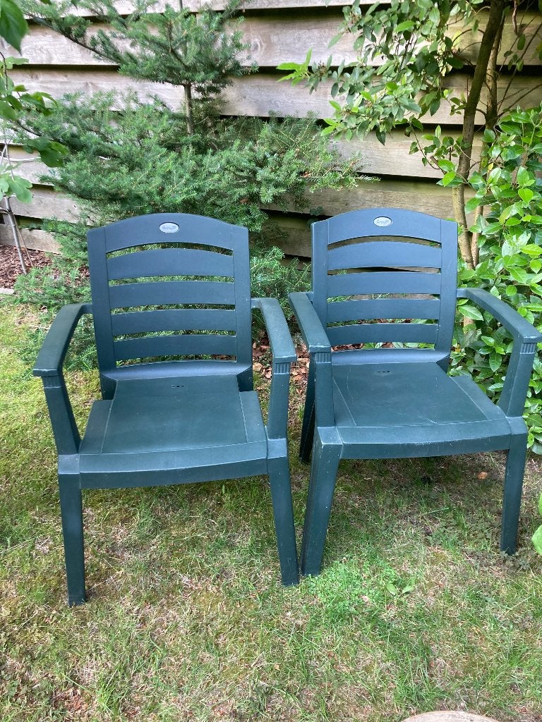 2 Hartman stapelbare donker groene tuinstoelen, Tuin en Terras, Ophalen, Gebruikt, Kunststof, Stapelbaar