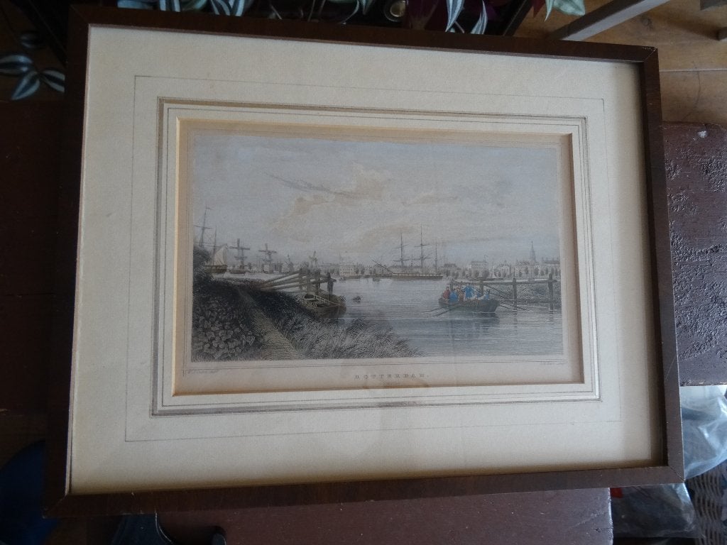 Antieke oude gravure Boompjes Rotterdam, Ophalen, 33 cm, Ingelijst, 25 cm