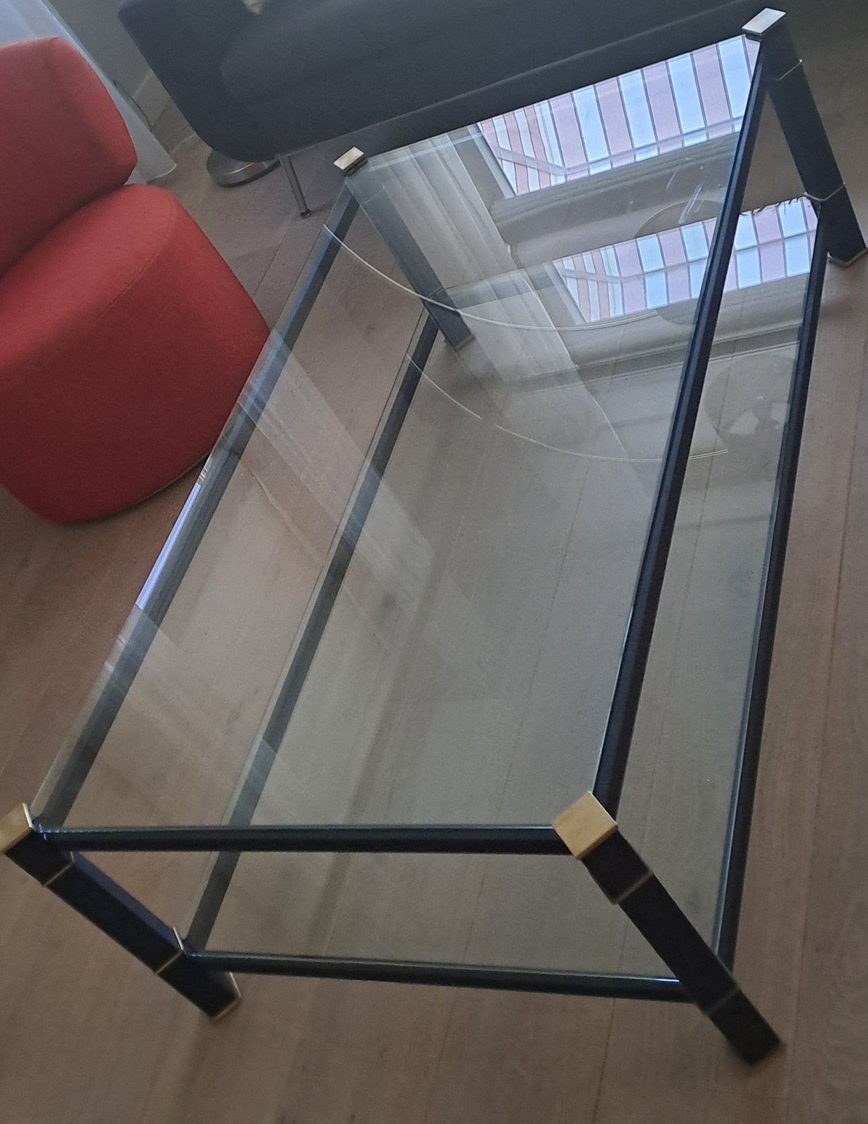 Glazen Salontafel met Zwart en Gouden Frame, Gebruikt, Glas, 150 tot 200 cm, Rechthoekig