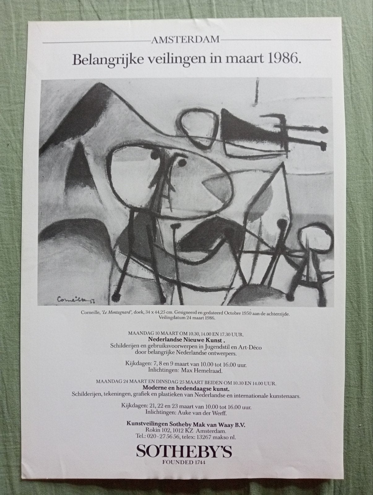 Sotheby's Veiling Amsterdam 1986 - Corneille Affiche, Ophalen of Verzenden