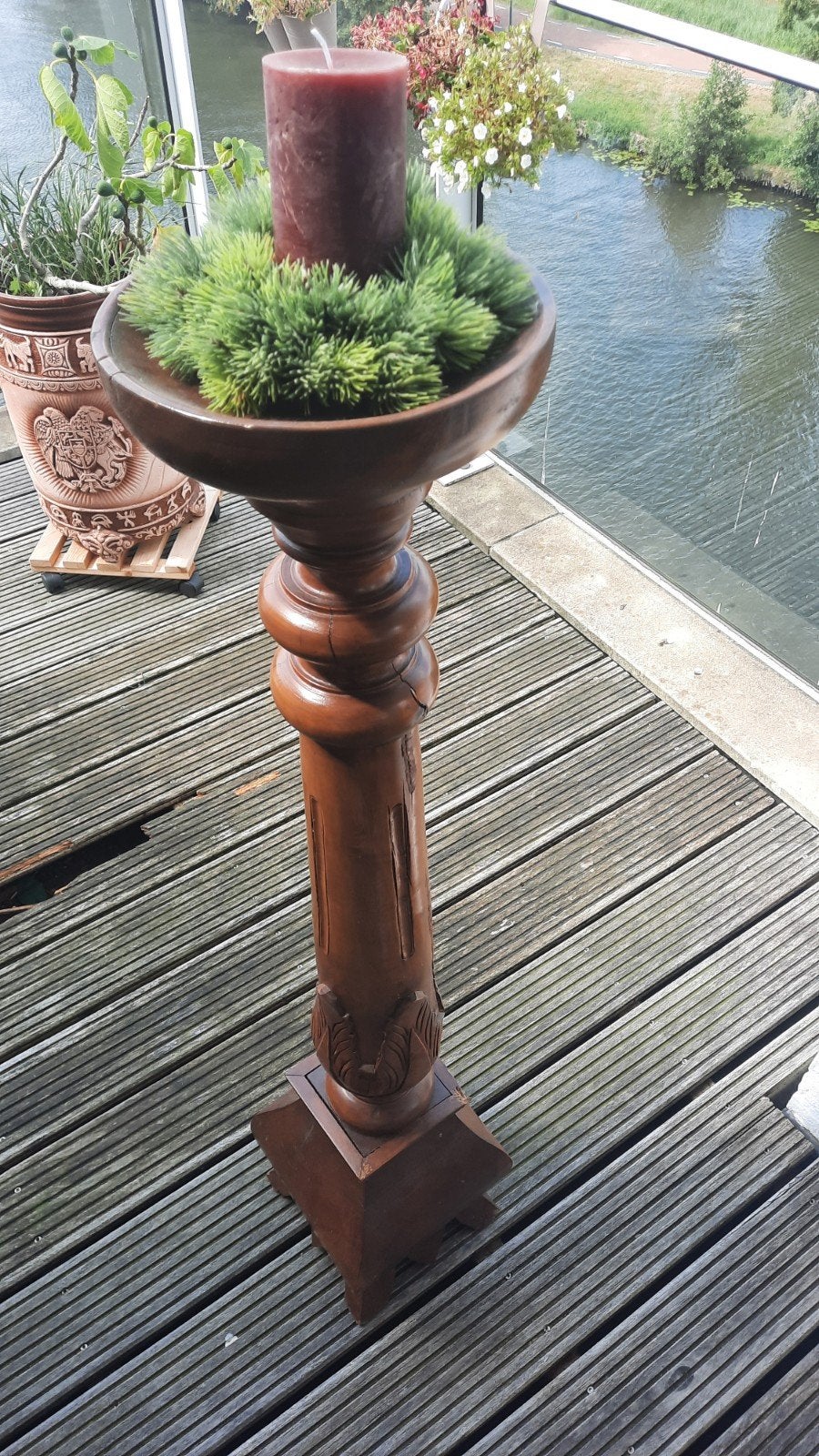 Houten kandelaar met decoratieve details, Gebruikt, Bruin, Overige merken, Ophalen of Verzenden
