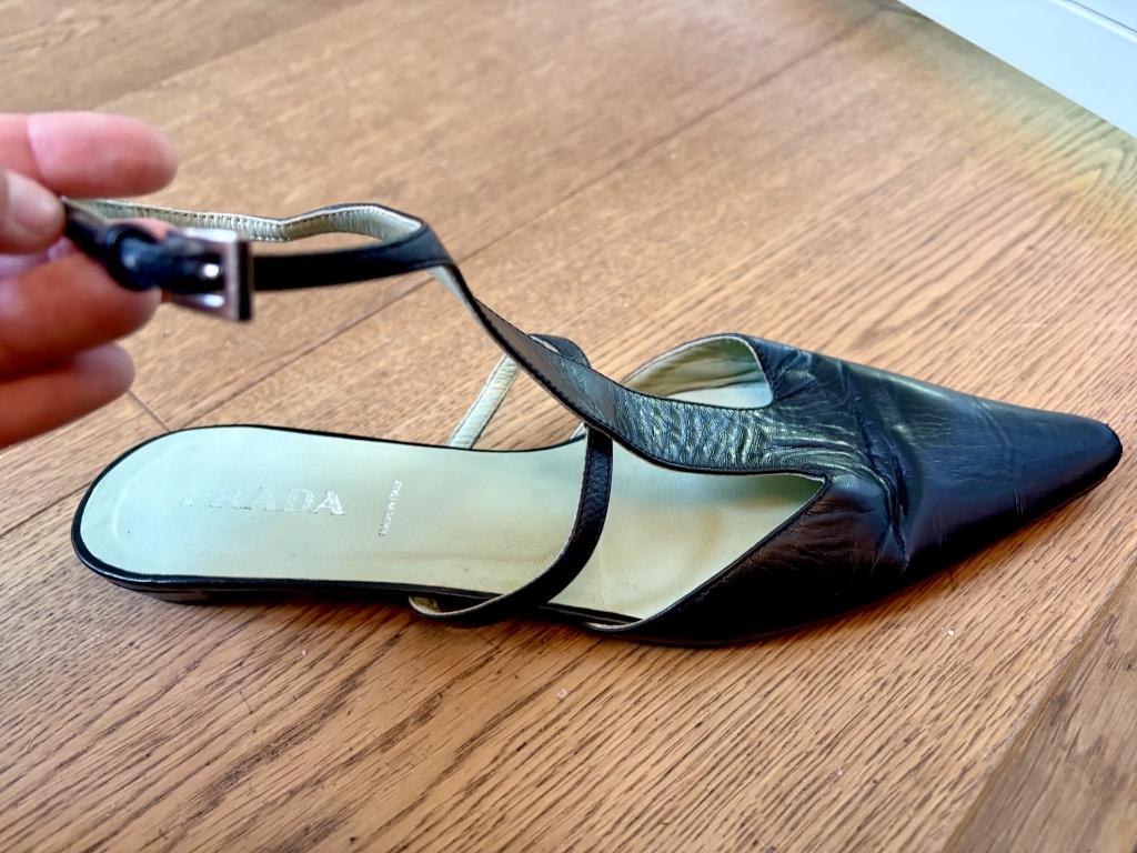 Vintage Prada T-Strap Slingbacks Zwart 38 (Weg=Pech) Y2K, Ophalen, Prada, Wit, Overige typen