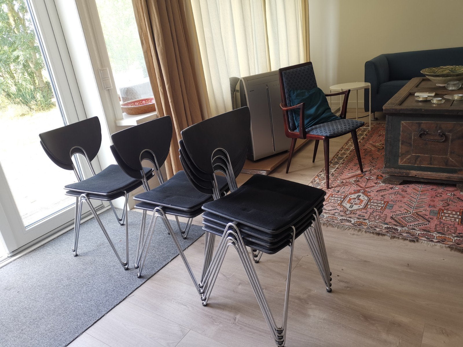 8 Kusch & Co Mikado designstoelen - Stapelbaar, Zwart, Huis en Inrichting, Ophalen, Modern design, Gebruikt, Hout