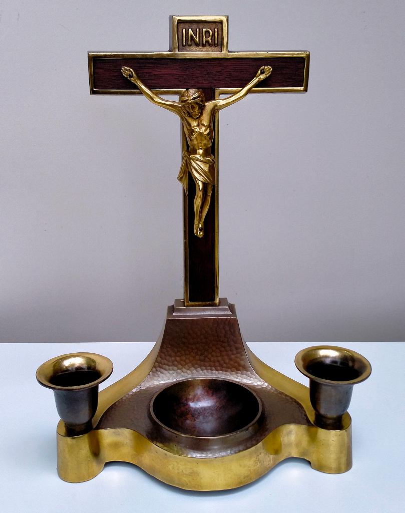 Antieke Crucifix / Kruis met Kandelaar / Kaarsenstandaard, Antiek en Kunst, Antiek | Religie, Ophalen of Verzenden