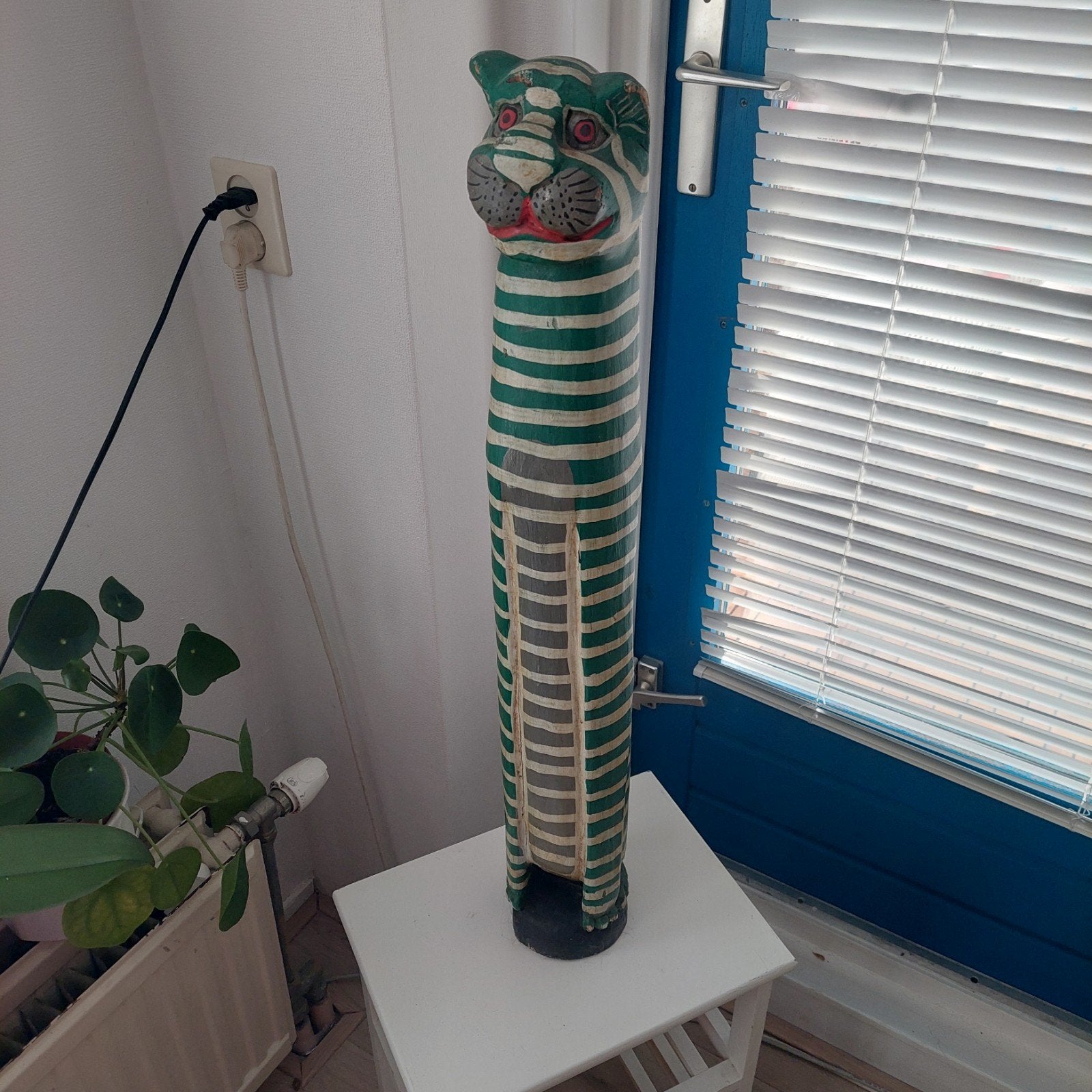 Houten kat beeld - Groen gestreept, Ophalen of Verzenden