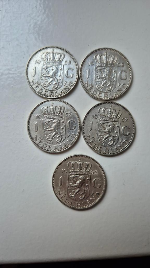 Set van 5 zilveren guldens Koningin Juliana, Postzegels en Munten, 1 gulden, Koningin Juliana, Setje, Zilver