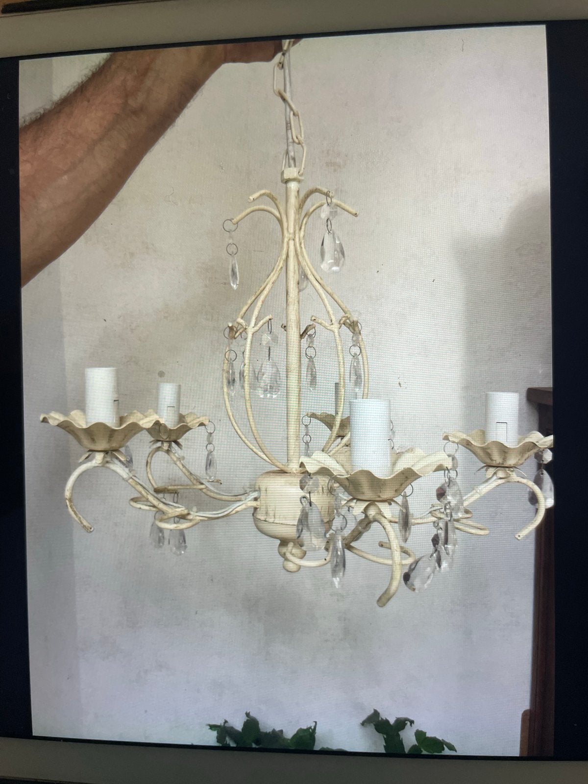 Vintage Kroonluchter met Kristallen - Crème Wit, Huis en Inrichting, Ophalen, Gebruikt, Metaal, E14 (klein)