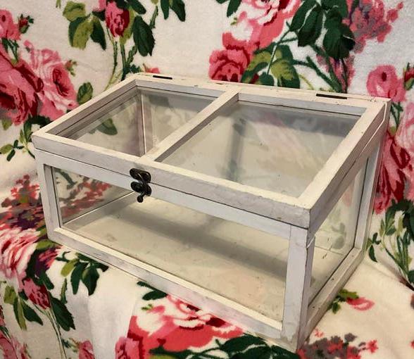Antieke houten en glazen display vitrine, Ophalen of Verzenden